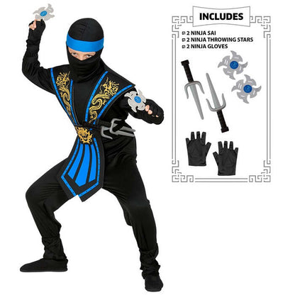 Blue Kombat Ninja With Weapons  Jumpsuit, Chestpiece, Belt, Arm & Leg Ties, Mask, Headband, Gloves, 2 Ninja Daggers, 2 Ninja Throwing Stars 