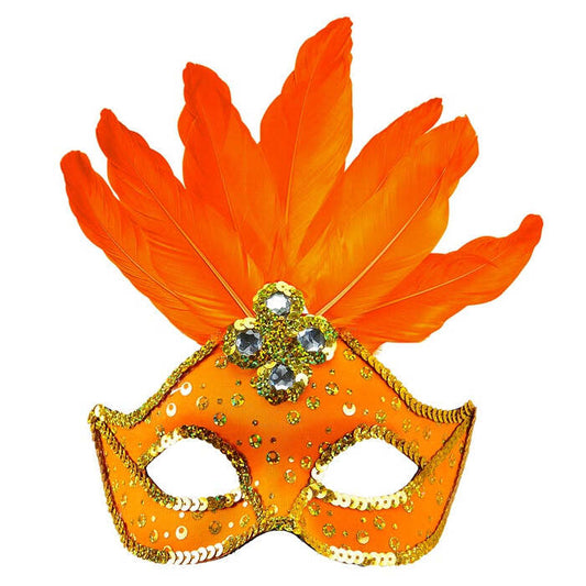 Neon Orange Brazil Eyemask With Holographic Sequin, Gems, Gold Sequin Trim & Feathers