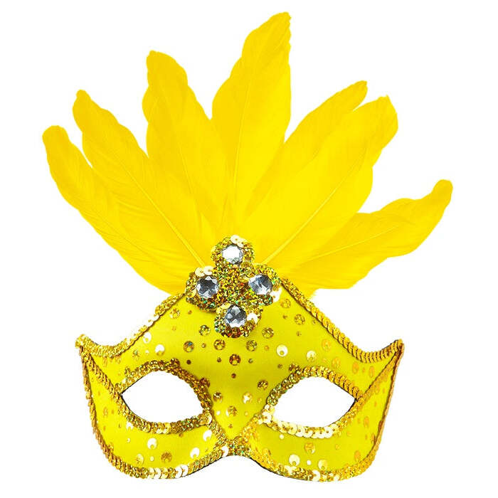 Neon Yellow Brazil Eyemask With Holographic Sequin, Gems, Gold Sequin Trim & Feathers