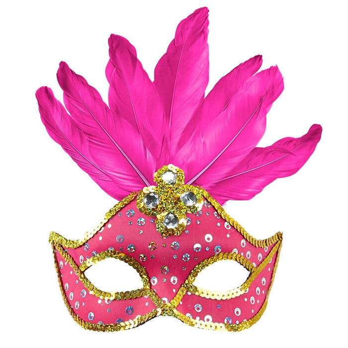 Neon Pink Brazil Eyemask With Holographic Sequin, Gems, Gold Sequin Trim & Feathers