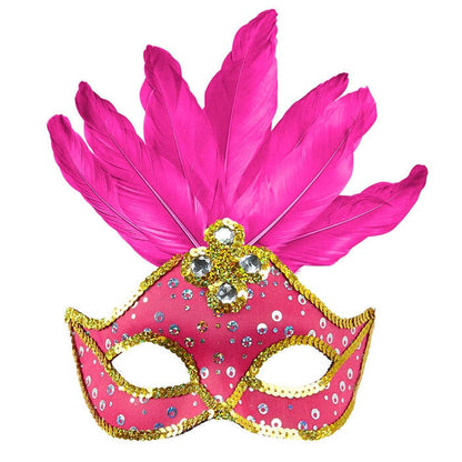 Neon Pink Brazil Eyemask With Holographic Sequin, Gems, Gold Sequin Trim & Feathers