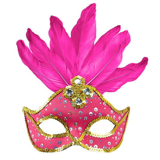 Neon Pink Brazil Eyemask With Holographic Sequin, Gems, Gold Sequin Trim & Feathers