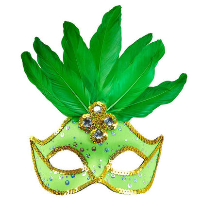 Neon Green Brazil Eyemask With Holographic Sequin, Gems, Gold Sequintrim & Feathers