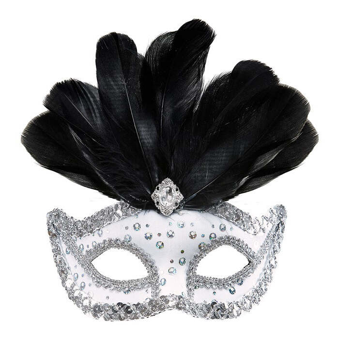 White Rialto Eyemask With Holographic Sequin, Gem, Silver Sequin Trim & Feathers