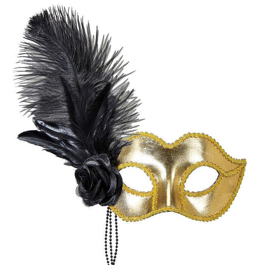 Gold Venice Eyemask With Rose, Beads & Feathers