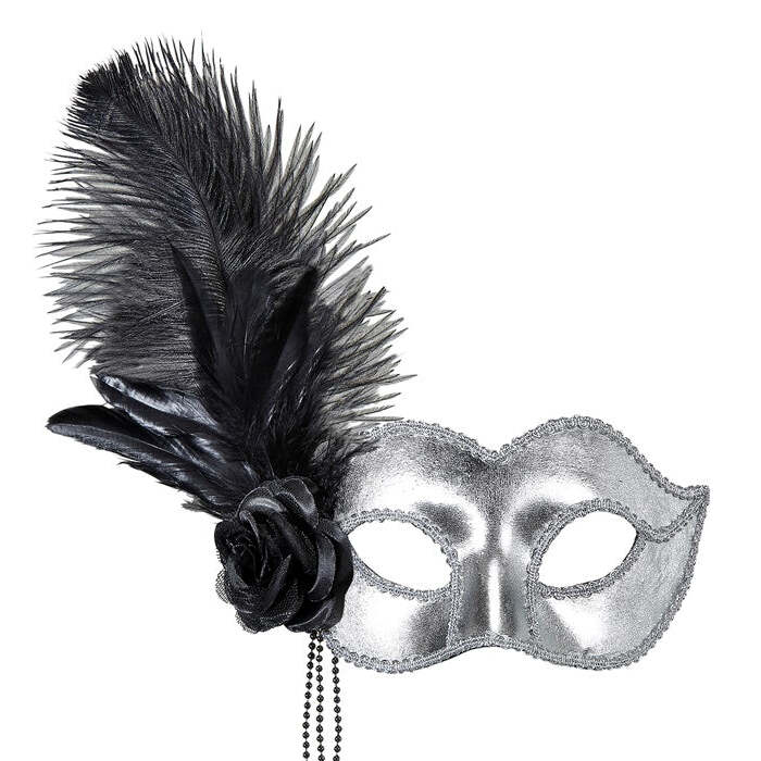 Silver Venice Eyemask With Rose, Beads & Feathers