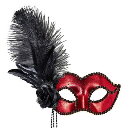 Metallic Red Venice Eyemask With Rose, Beads & Feathers