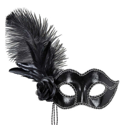 Black Shiny Venice Eyemask With Rose, Beads & Feathers