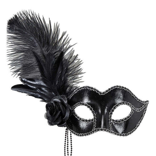 Black Shiny Venice Eyemask With Rose, Beads & Feathers