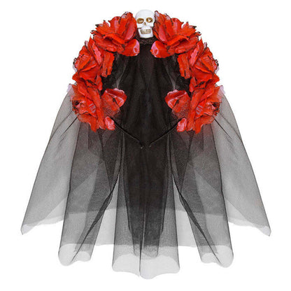 6 Red Roses Headband With Skull &Veil