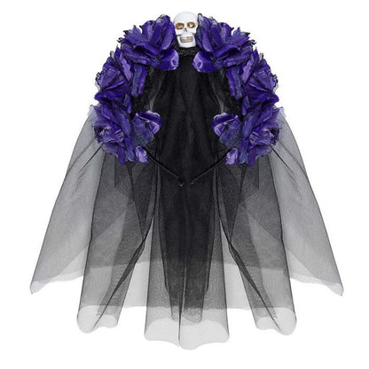 6 Purple Roses Headband With Skull & Veil