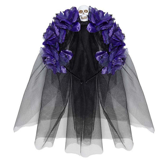 6 Purple Roses Headband With Skull & Veil