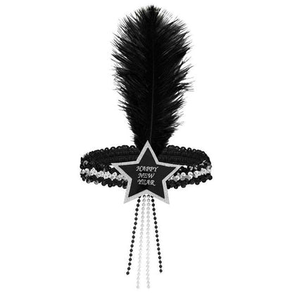 Black-Silver Happy New Year  Star Sequin Headband With Feather