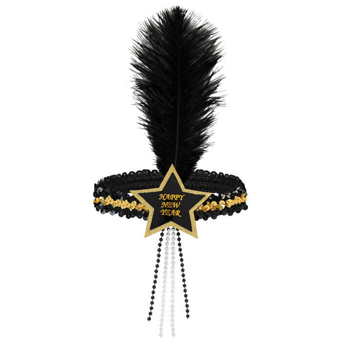 Black-Gold Happy New Year Star Sequin Headband With Feather