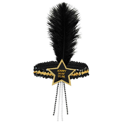 Black-Gold Happy New Year Star Sequin Headband With Feather