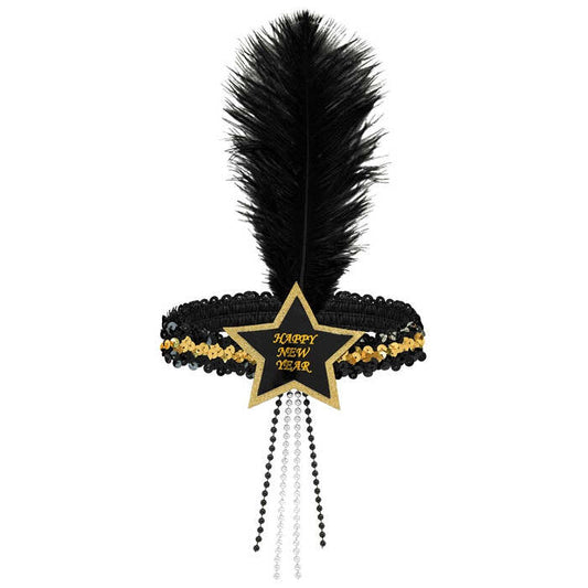 Black-Gold Happy New Year Star Sequin Headband With Feather