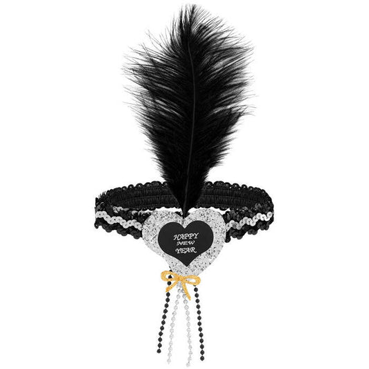 Black-Silver Happy New Year  Heart Sequin Headband With Feather