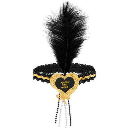 Black-Gold Happy New Year Heart Sequin Headband With Feather