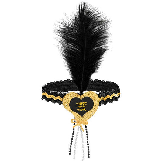 Black-Gold Happy New Year Heart Sequin Headband With Feather
