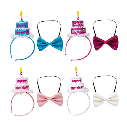  Happy Birthday Cake Headband & Bow Tie 4 Colors Ass.
