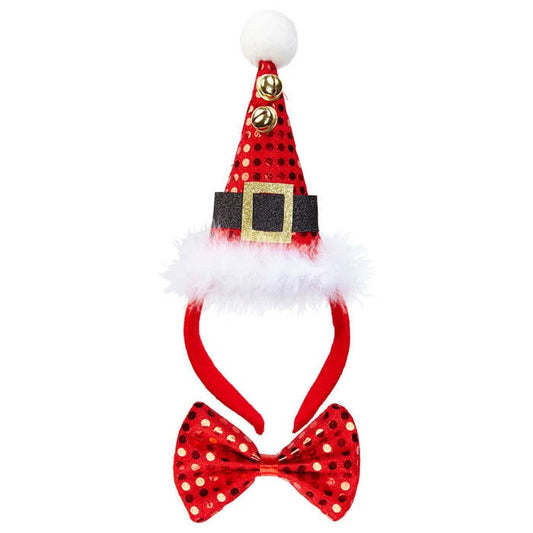 Sequin Mini Santa Hat With 2 Jingle Bells & Bow Tie