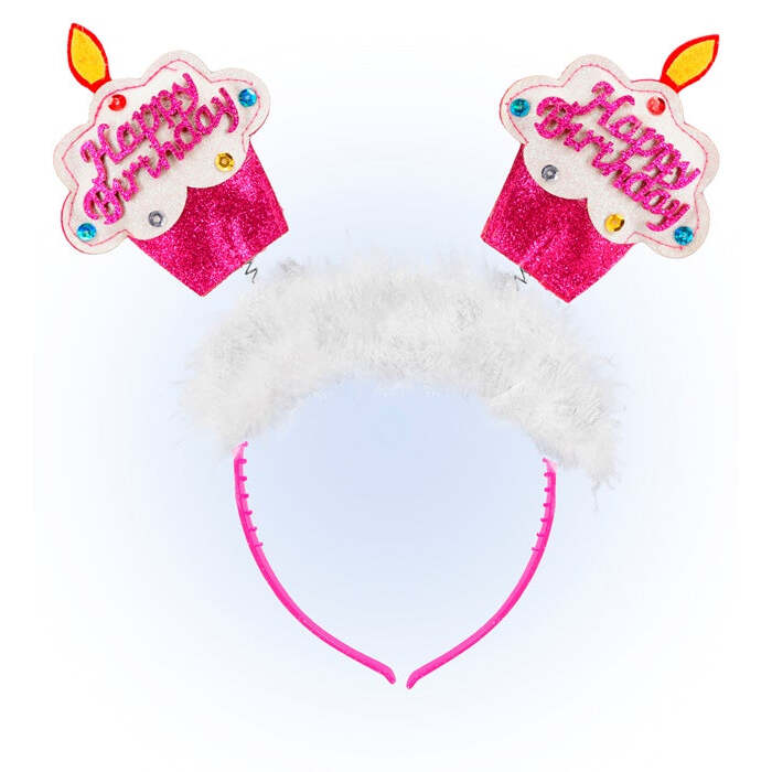 Pink  Happy Birthday Cake Head Bopper With Marabou