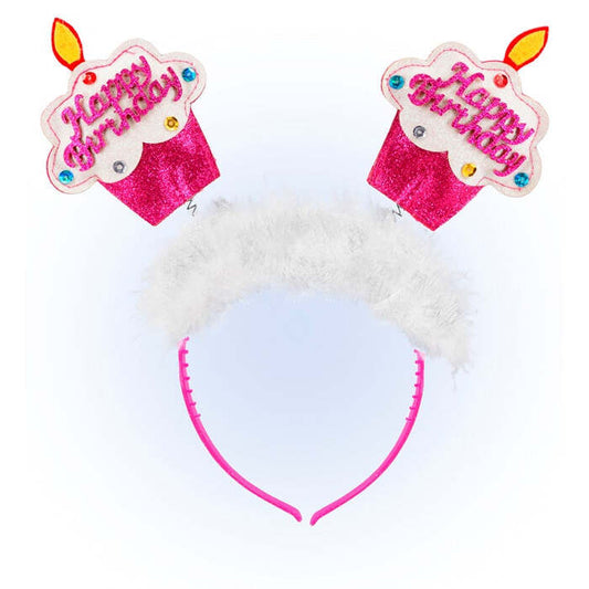 Pink  Happy Birthday Cake Head Bopper With Marabou
