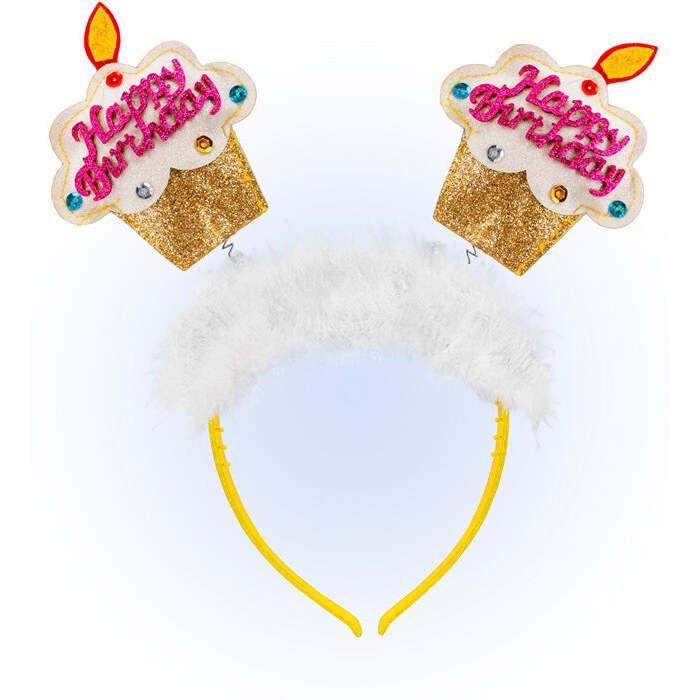 Gold  Happy Birthday Cake Head Bopper With Marabou