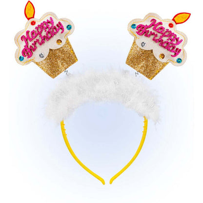 Gold  Happy Birthday Cake Head Bopper With Marabou