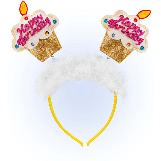 Gold  Happy Birthday Cake Head Bopper With Marabou