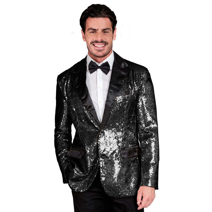 Party Fashion Jacket  Black Sequin Jacket With Satin Collar And Pockets 