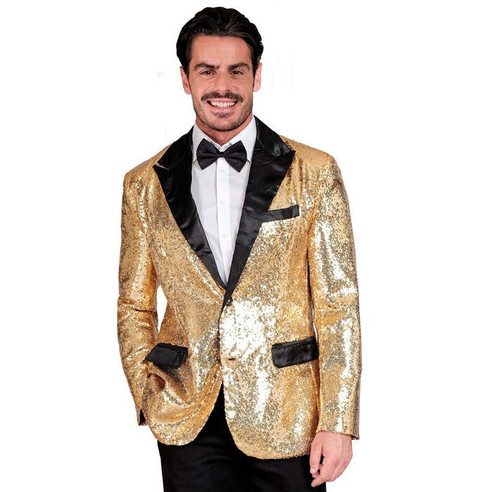 Party Fashion Jacket  Gold Sequin Jacket With Satin Collar And Pockets 