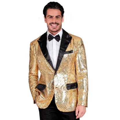 Party Fashion Jacket  Gold Sequin Jacket With Satin Collar And Pockets 