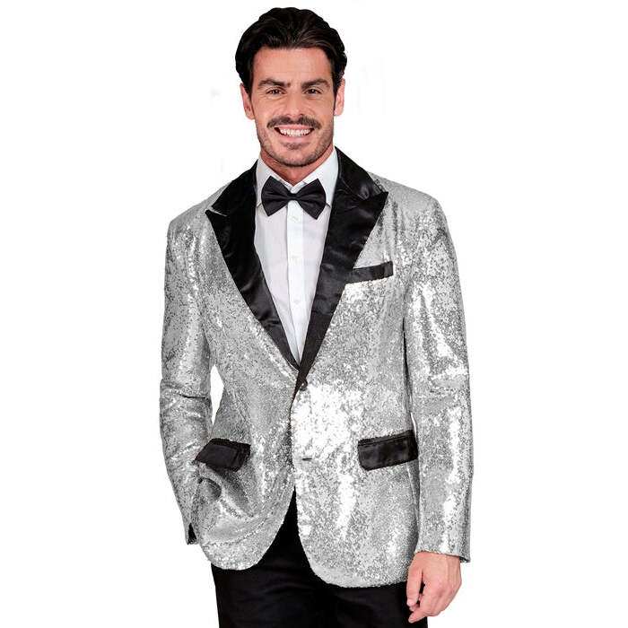 Party Fashion Jacket  Silver Sequin Jacket With Satin Collar And Pockets 