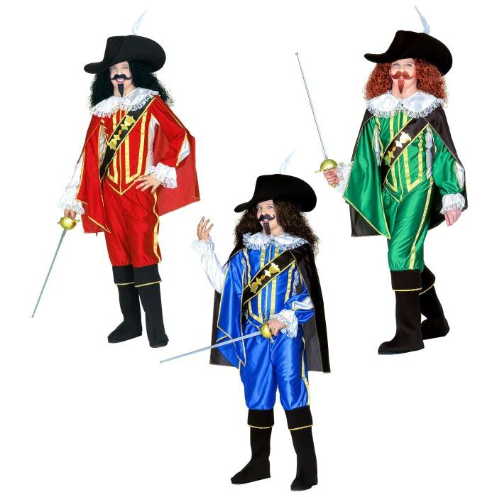Musketeer 3 Colors Ass.  Shirt With Overcoat, Pants, Boot Covers, Cape, Hat 