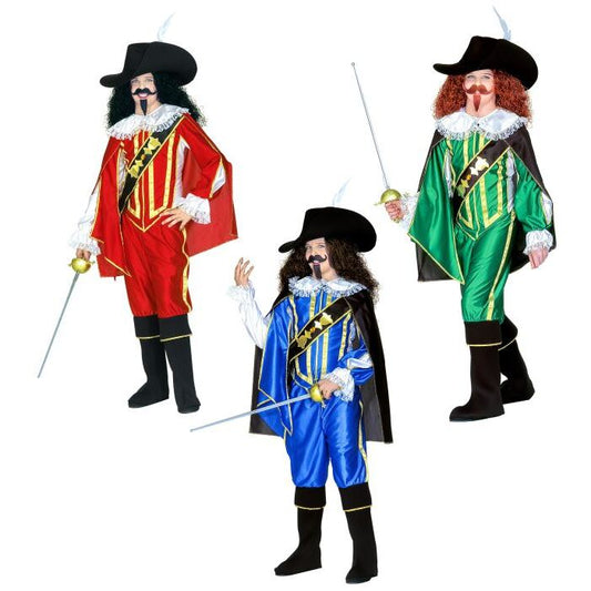 Musketeer 3 Colors Ass.  Shirt With Overcoat, Pants, Boot Covers, Cape, Hat 