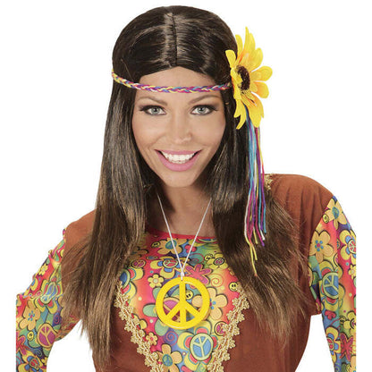 Brown Hippie Wig With Multicolored Sunflower Headband In Polybag
