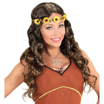 Brown Hippie / Medieval Wig With Sunflower Headband In Polybag