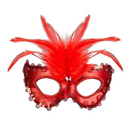 Metallic Red Baroness Eyemask With Gem, Beads & Sequin Trim & Feathers