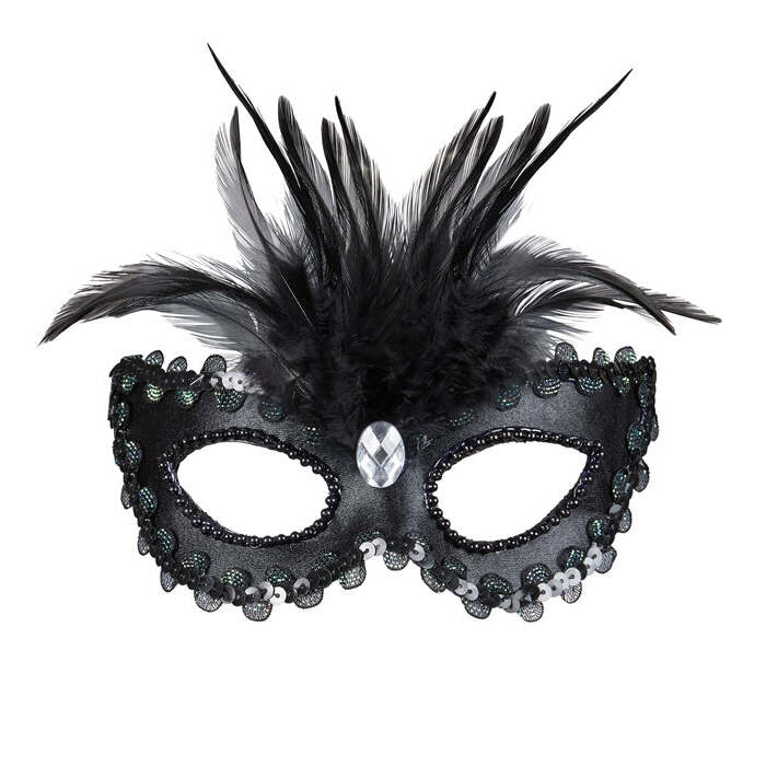 Shiny Black Eyemask With Gem, Beads & Sequin Trim & Feathers