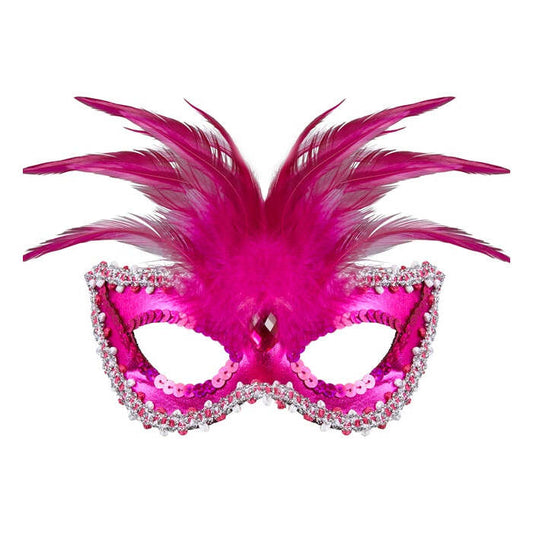 Metallic Pink Baroness Eyemask With Gem, Beads & Sequin Trim & Feathers