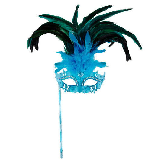 Azure Marquise Eyemask On A Stickdecorated With Strass, Gem & Feathers