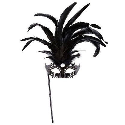 Black Marquise Eyemask On A Stickdecorated With Strass, Gem & Feathers