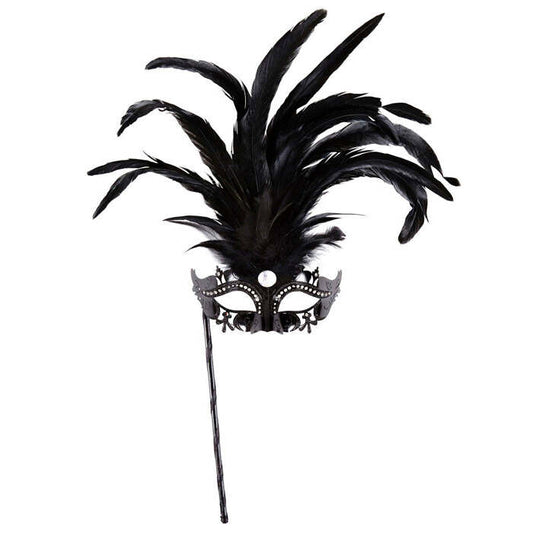 Black Marquise Eyemask On A Stickdecorated With Strass, Gem & Feathers