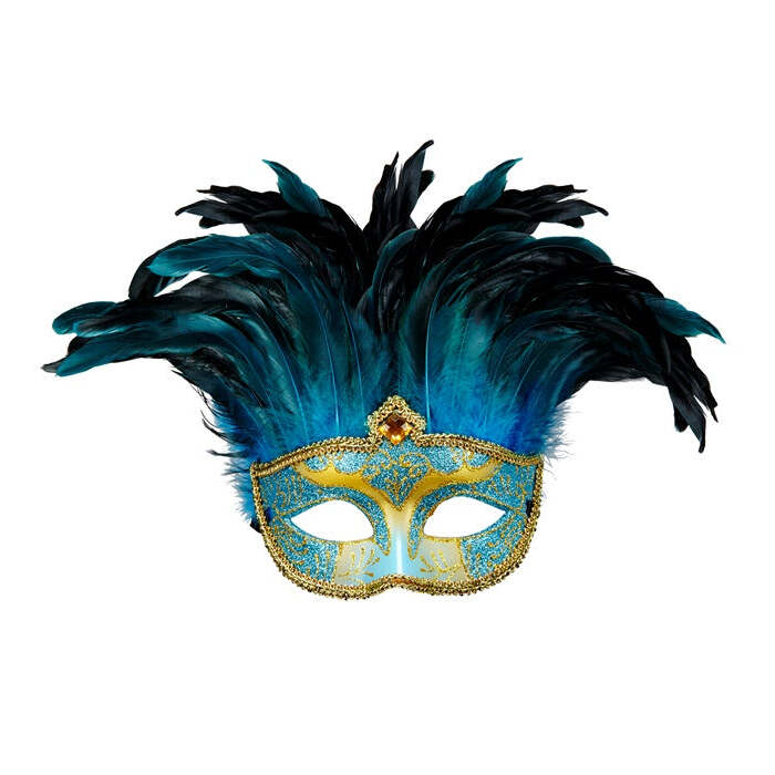 Blue Comtesse Mask Decorated, Gem & Feathers