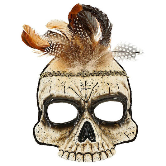 Voodoo Skull Chinless Mask With Feathers Hard Plastic
