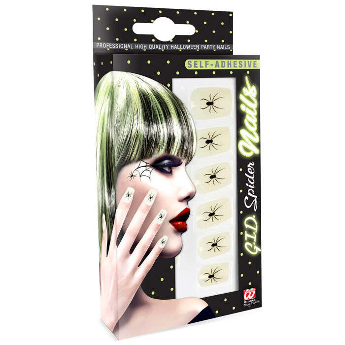 Set Of 12 Self-Adhesive Glow In The Dark Spider Nails
