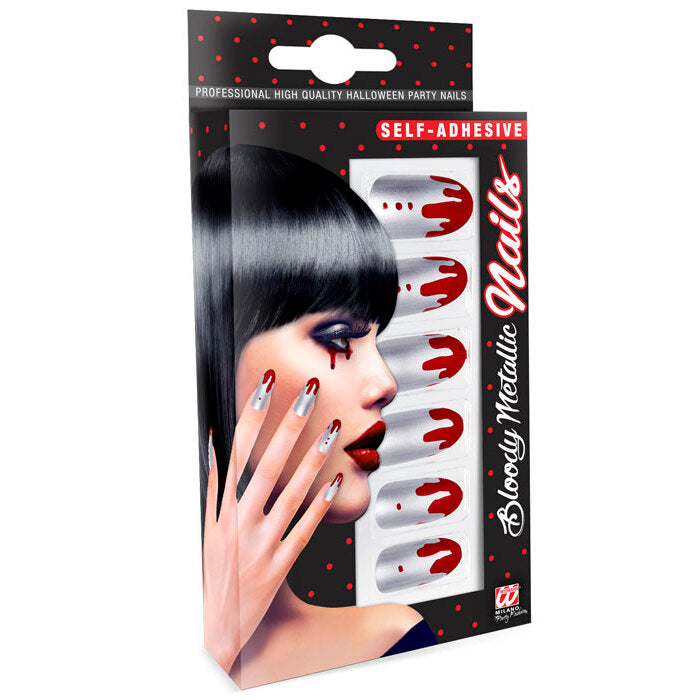 Set Of 12 Self-Adhesive Bloody Metallic Silver Nails