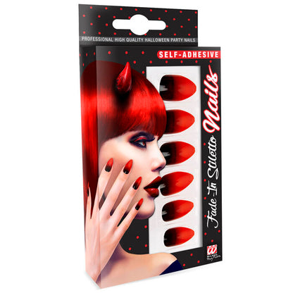 Set Of 12 Self-Adhesive Black Fade-In Red Stiletto Nails