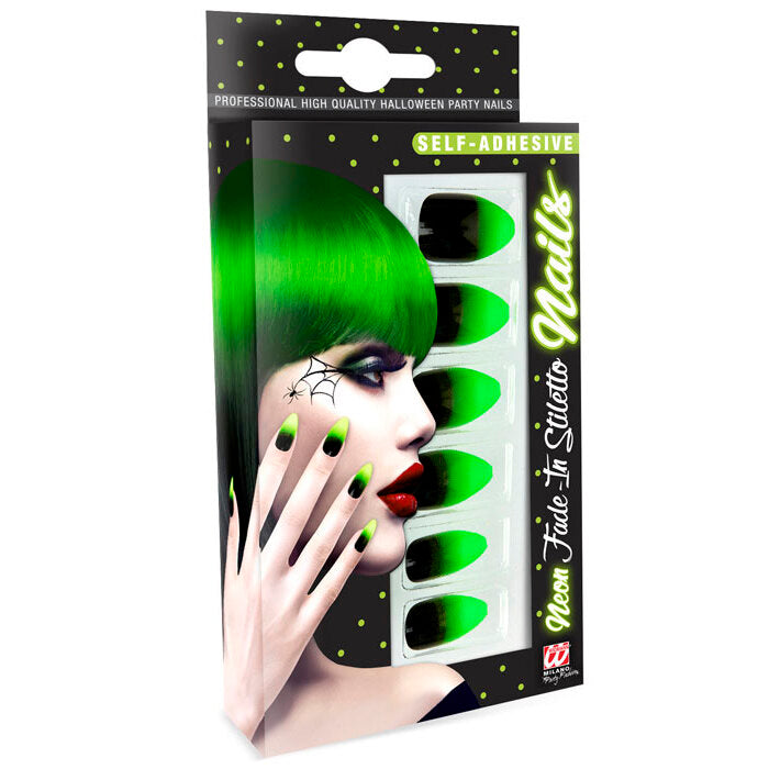 Set Of 12 Self-Adhesive Black Fade-In Neon Green Stiletto Nails